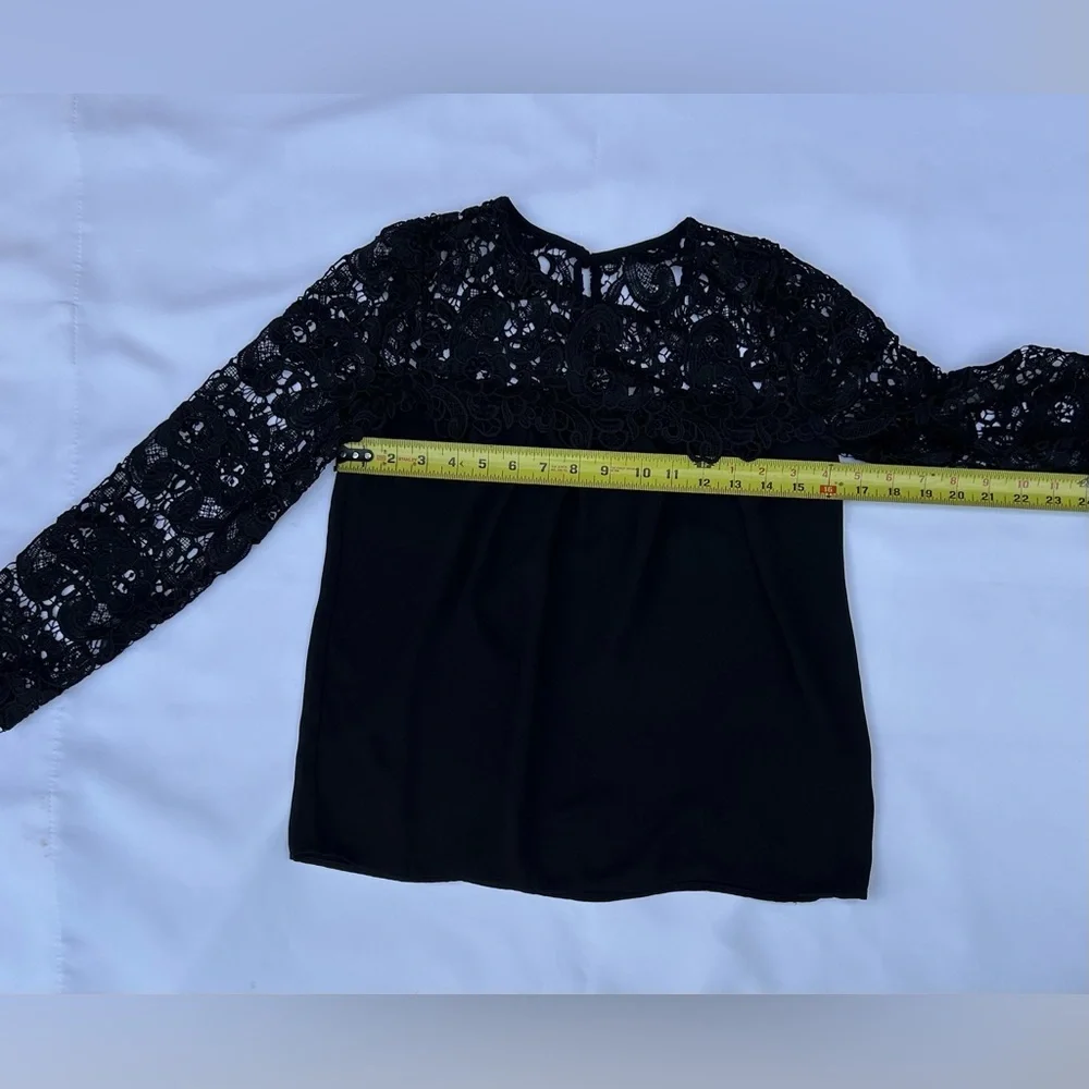 J.Crew Black Lace Long Sleeve Blouse XXS – Elegant Sheer Yoke Holiday Party Top